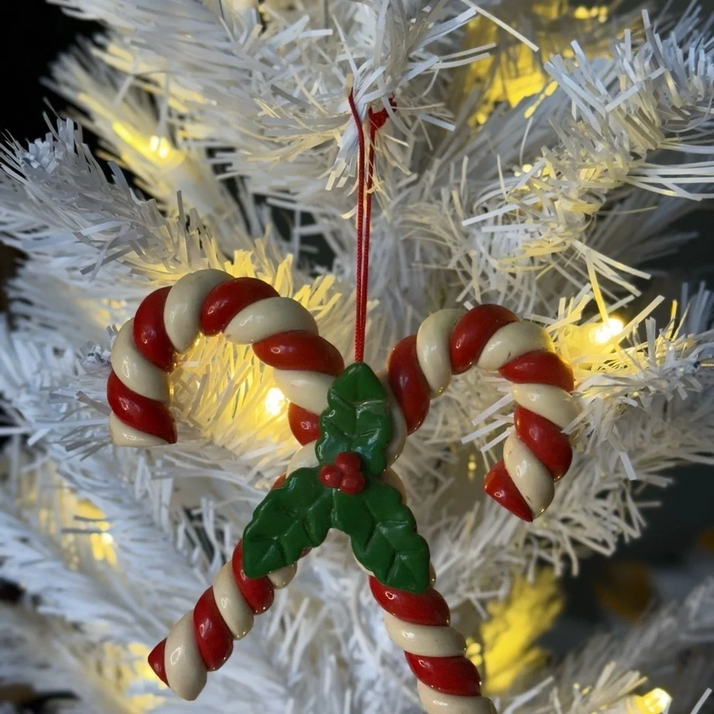 Vintage 1984 Festive Candy Cane Ornament with Holly Accents